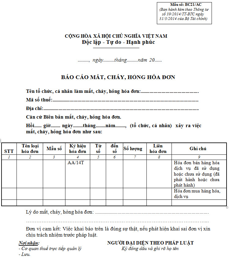 Mẫu biên bản báo mất hóa đơn 