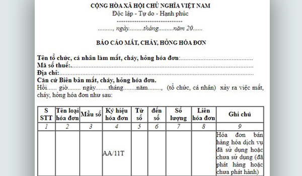 Mẫu báo cáo mất, cháy, hỏng hóa đơn mẫu số BC21/AC.