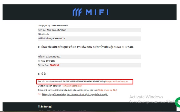 Tra cứu trên Trang Hóa đơn Điện tử An toàn MIFI