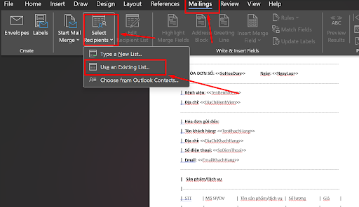 Kế toán cần chuẩn bị danh sách gửi trong Mail merge