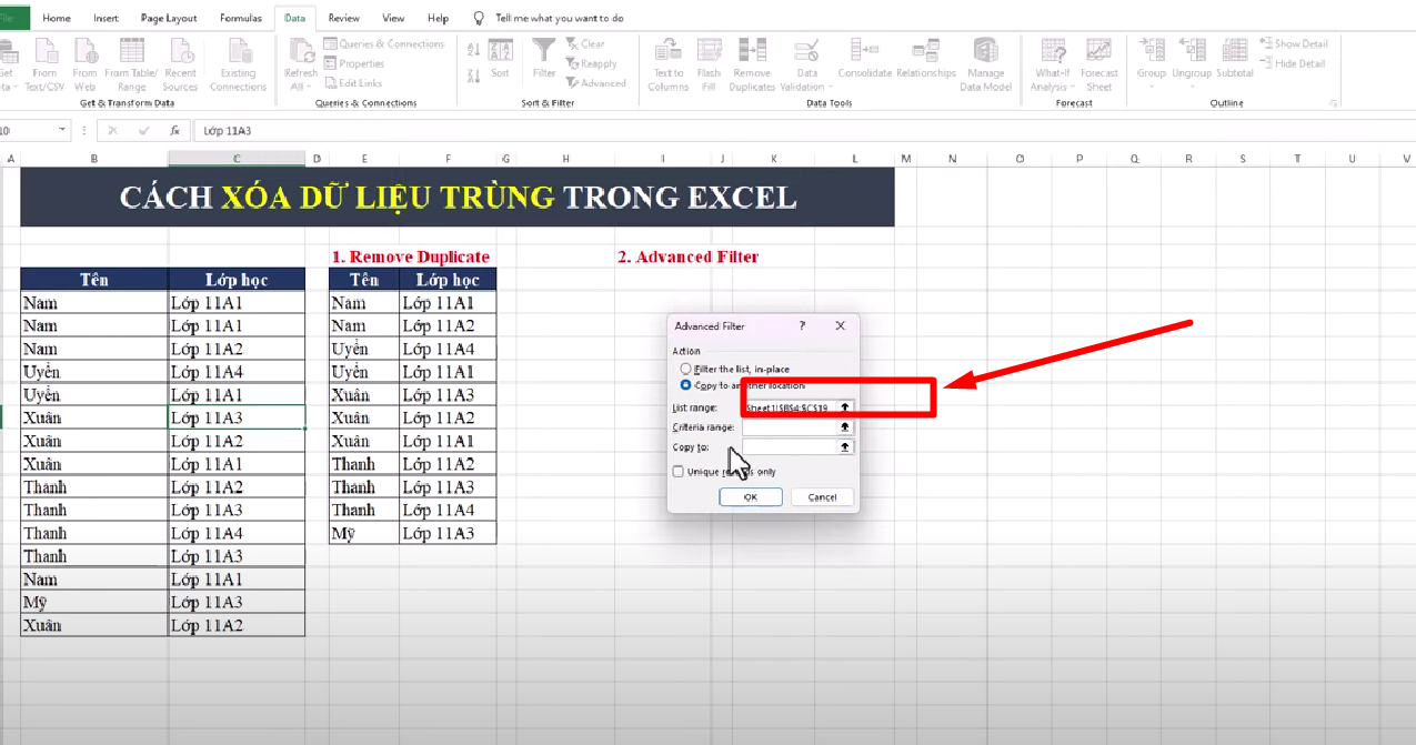 Chỉnh sửa dữ liệu kiểm tra độ trùng lặp trên excel