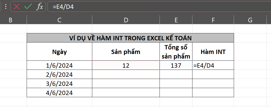 Ví dụ hàm INT trong excel kế toán để tính số hộp