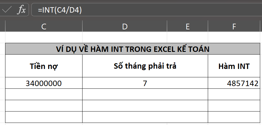 Ví dụ hàm INT trong excel kế toán để tính lãi cần trả